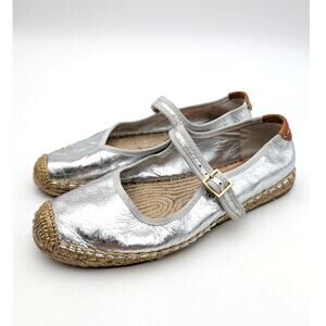 Tory Burch Mary Jane Espadrille Flat Shoes Women's Silver Size US6.5M EU37